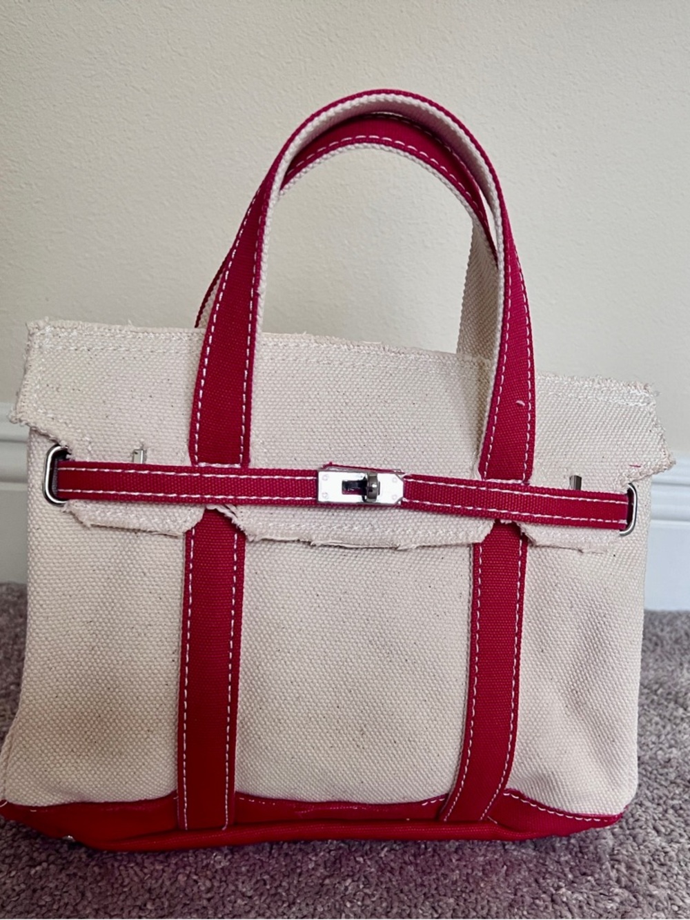 Small Canvas Boatkin Tote Bag with Red Trim